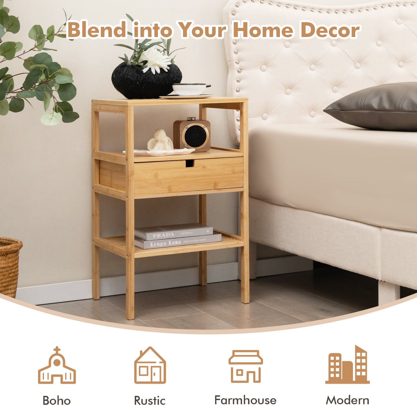 Multipurpose Bamboo Nightstand with Storage Drawer and Slatted Shelf-Natural