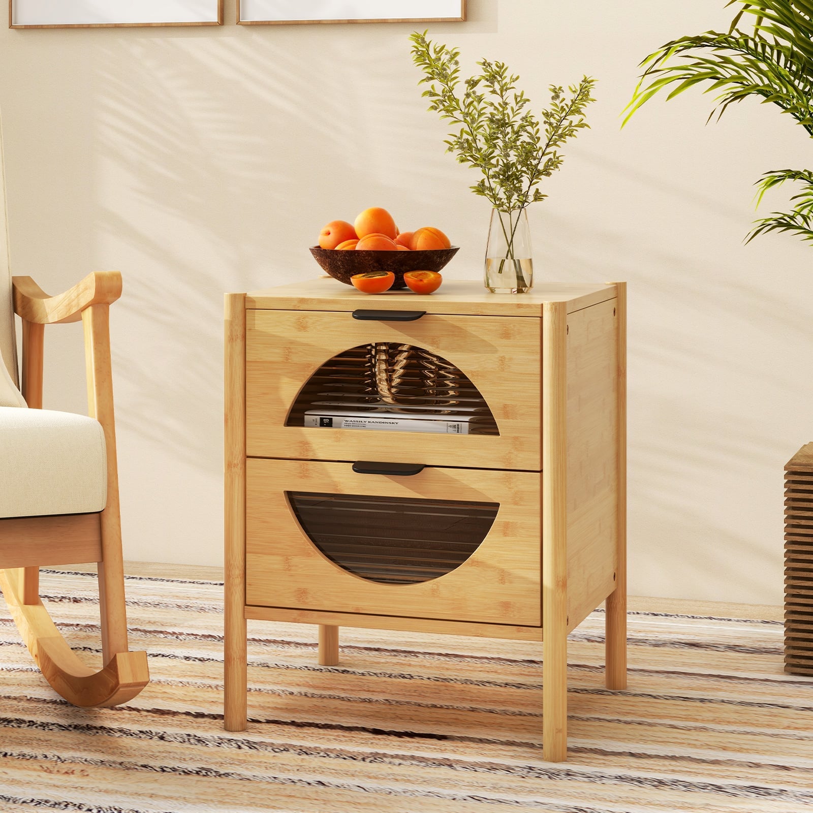 Bamboo Nightstand Mid-century Modern Bedside Table with 2 Storage Drawers-Natural
