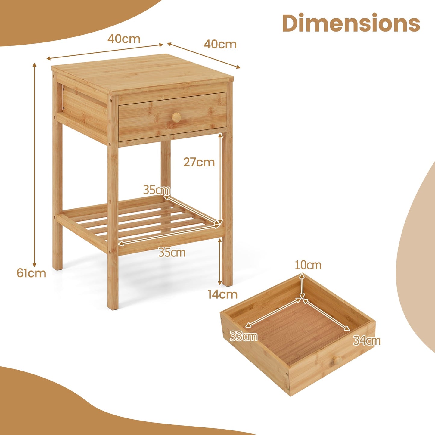 Bamboo Nightstand Set of 2 with Storage Drawer and Open Shelf-Natural-2 Pieces