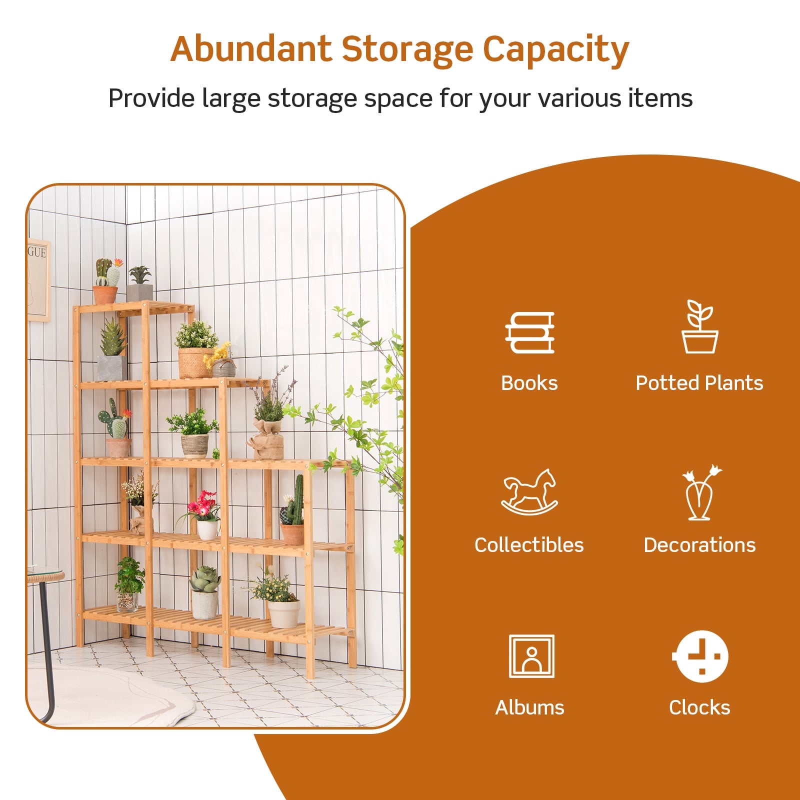 5-tier Bamboo Plant Stand Storage Organizer Rack with Shelves-Natural