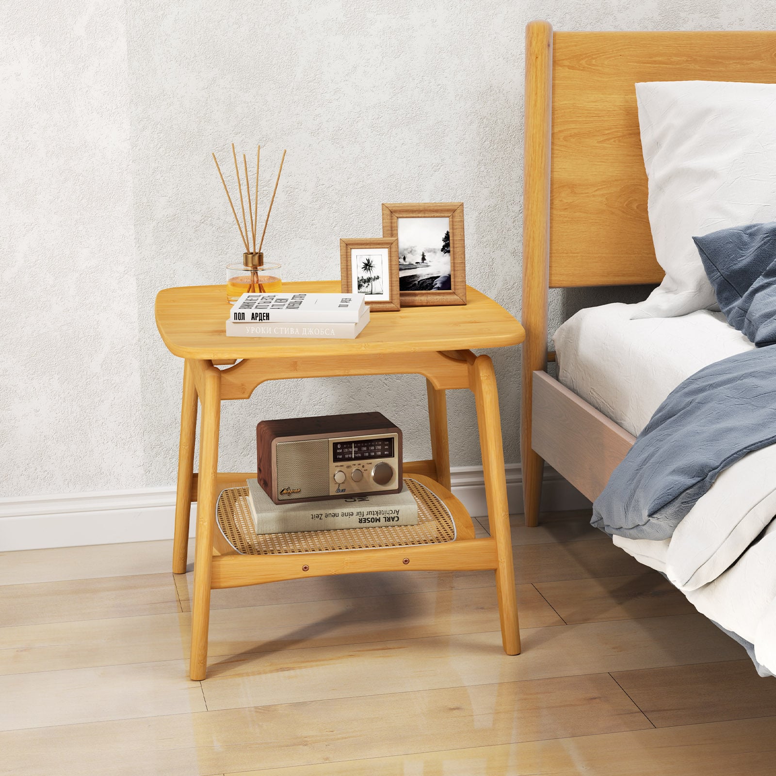 Bamboo Sofa Side Table with Faux Rattan Storage Shelf-Natural