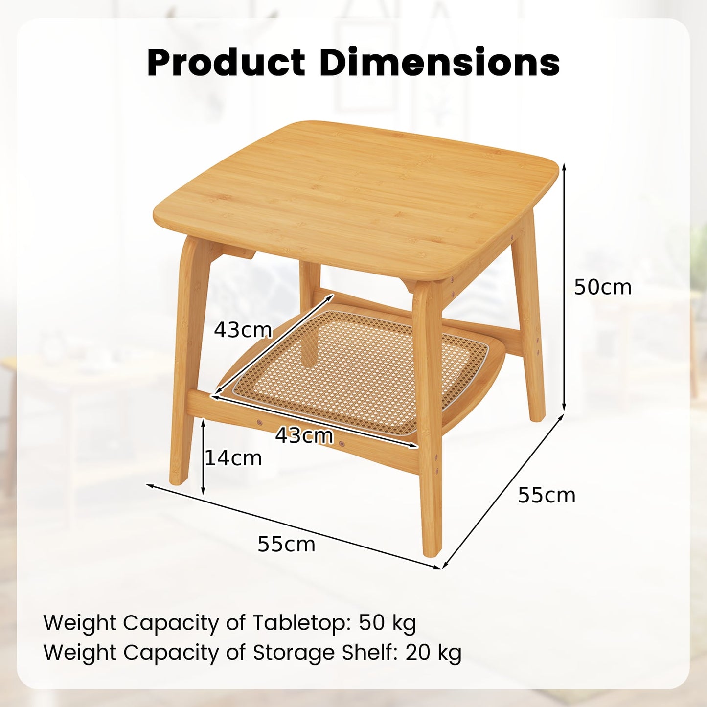 Bamboo Sofa Side Table with Faux Rattan Storage Shelf-Natural