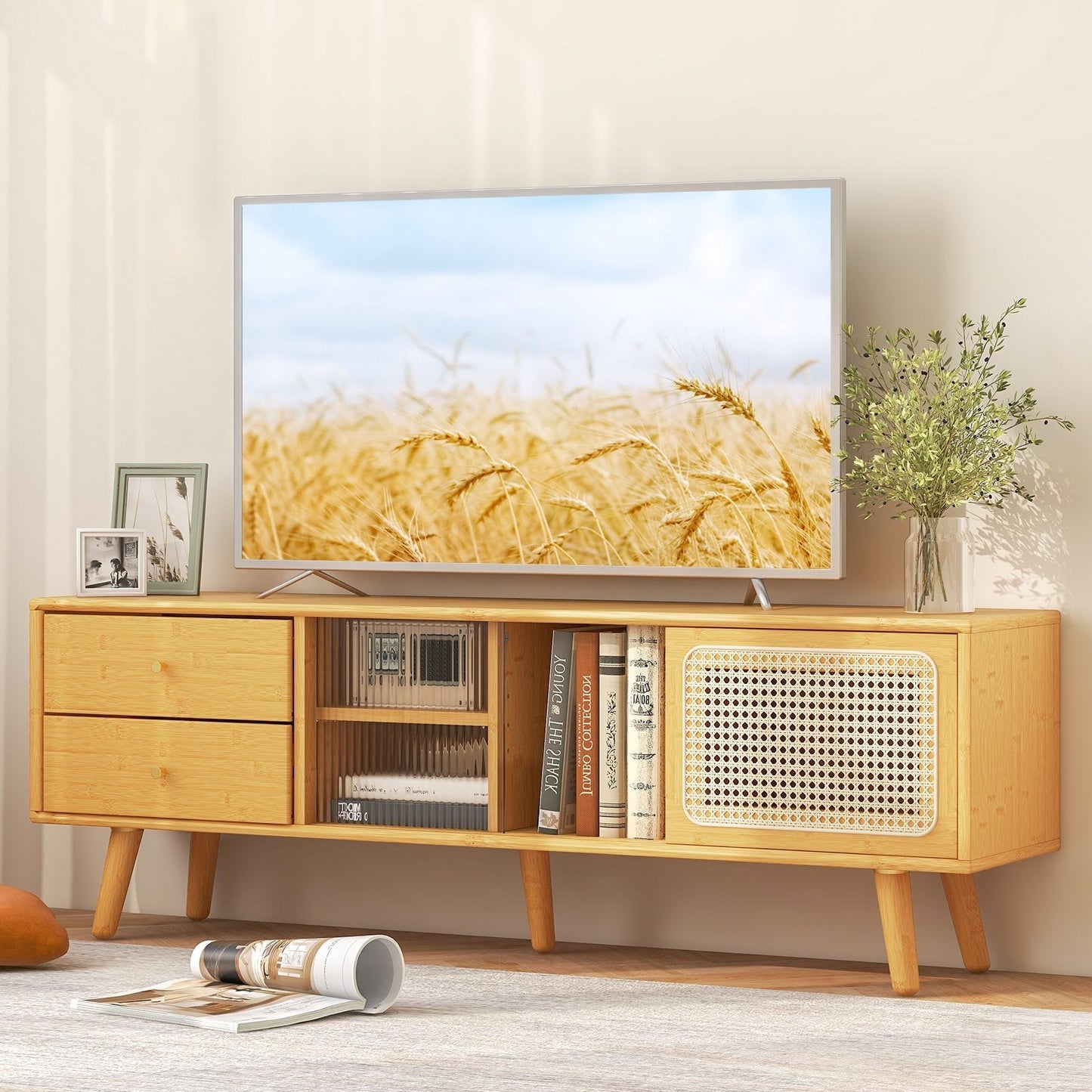 Bamboo TV Stand Modern Console Table for TV up to 65 Inch-Natural