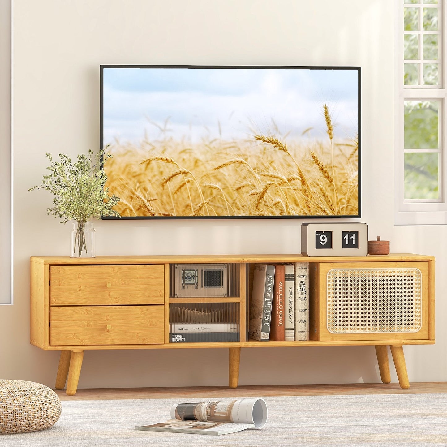 Bamboo TV Stand Modern Console Table for TV up to 65 Inch-Natural