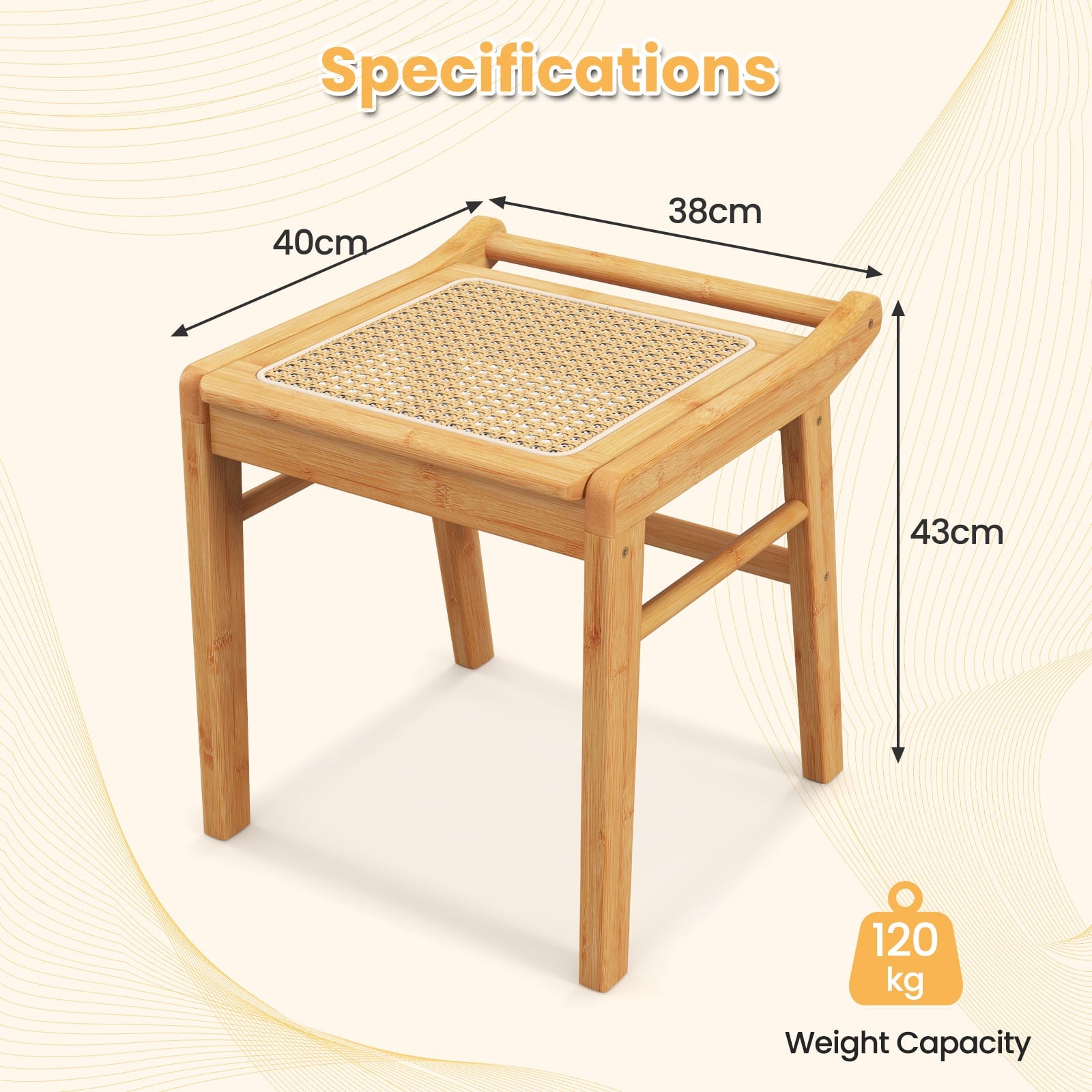 Rattan Top Bamboo Vanity Stool with Anti-slip Foot Pads-Natural