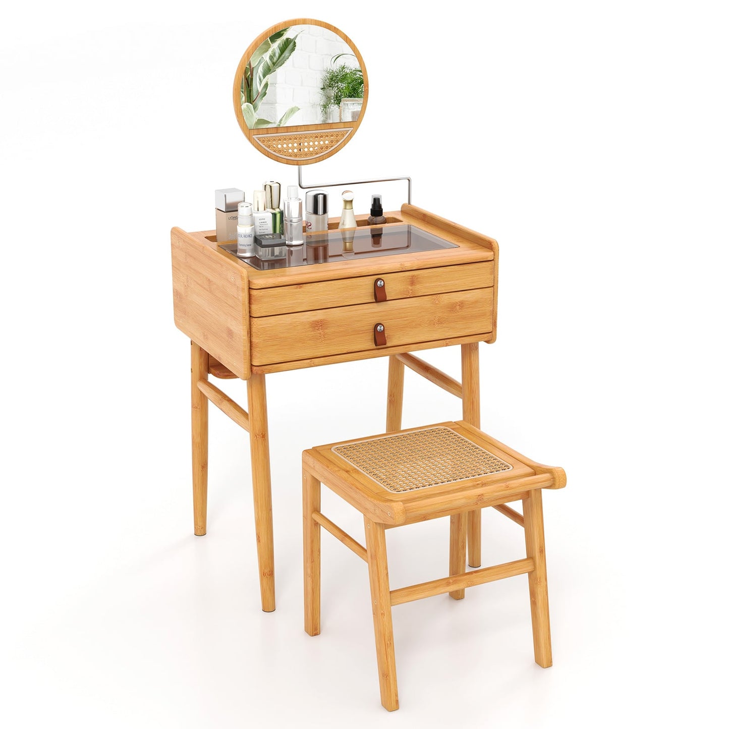 Rattan Top Bamboo Vanity Stool with Anti-slip Foot Pads-Natural