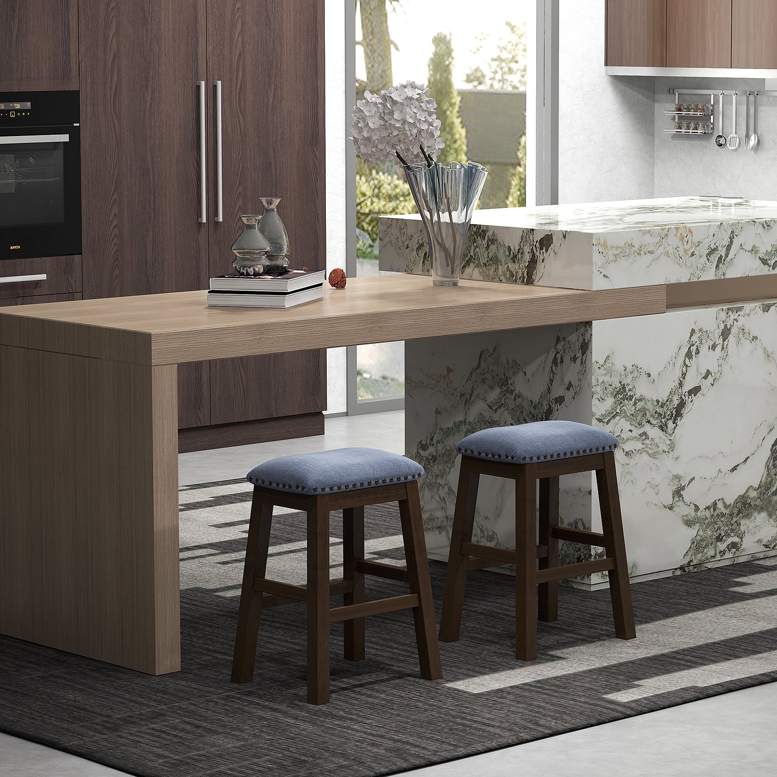 Bar Stool Set of 4 with Padded Seat and Rubber Wood Legs-Brown
