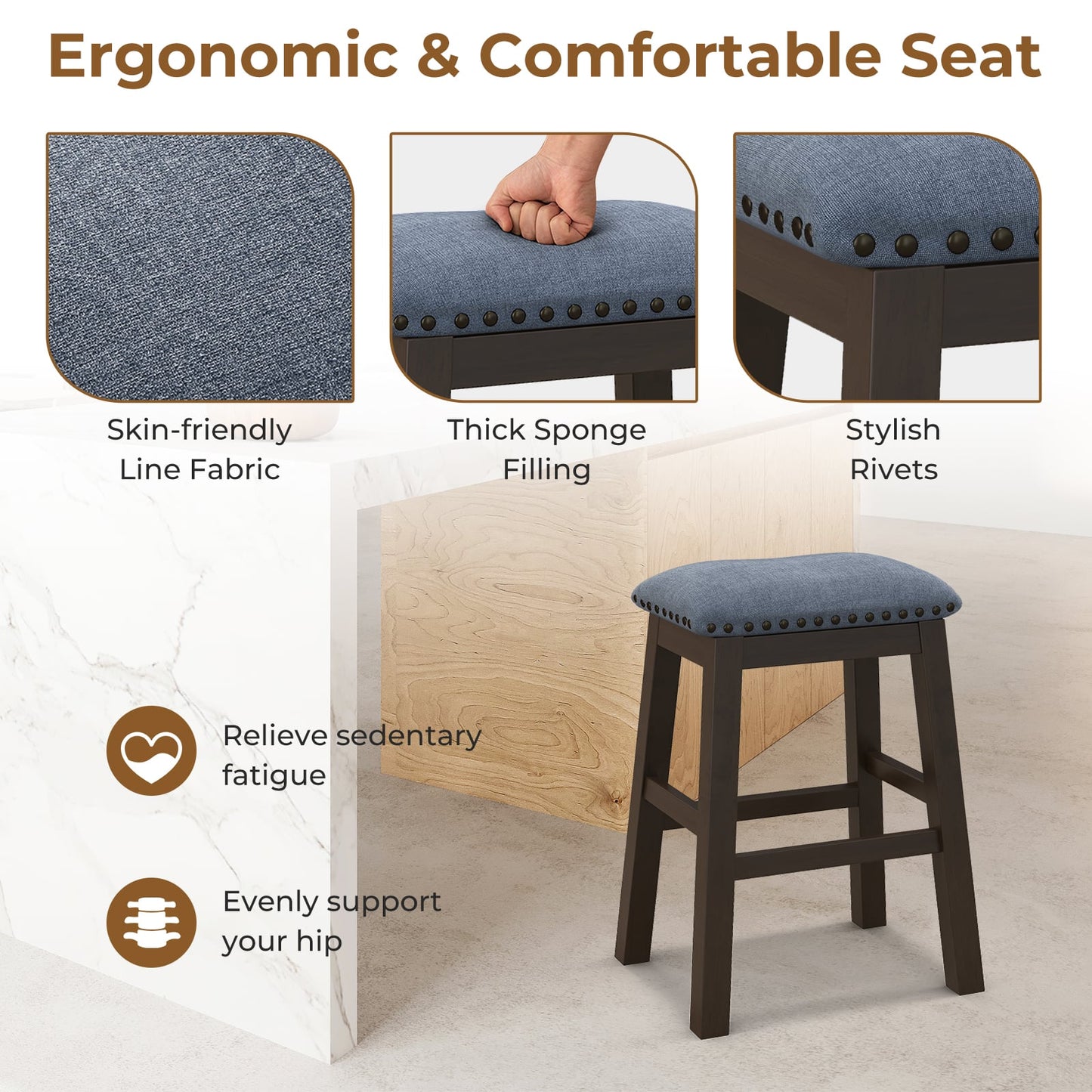 Bar Stool Set of 4 with Padded Seat and Rubber Wood Legs-Brown