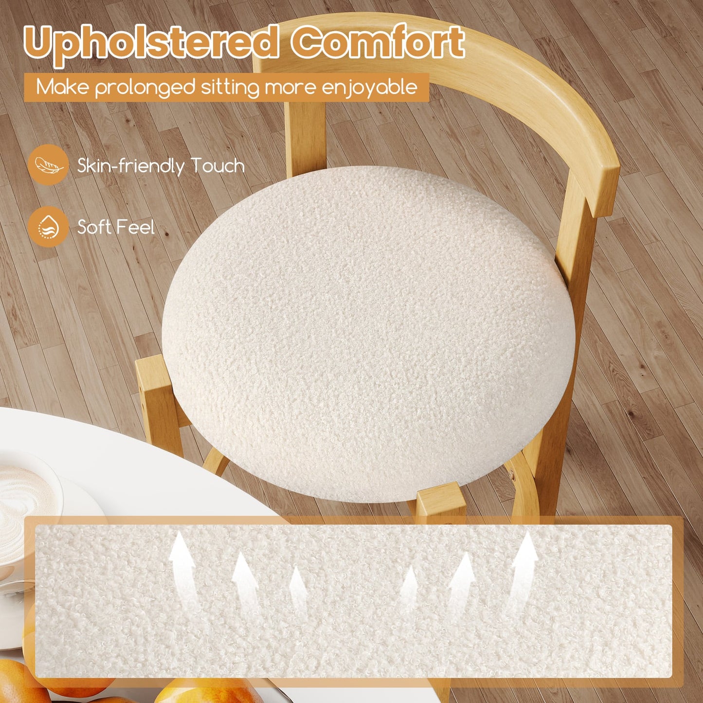 62CM Teddy Velvet Upholstered Bar Chairs Set of 2 with Backrests and Footrests-White