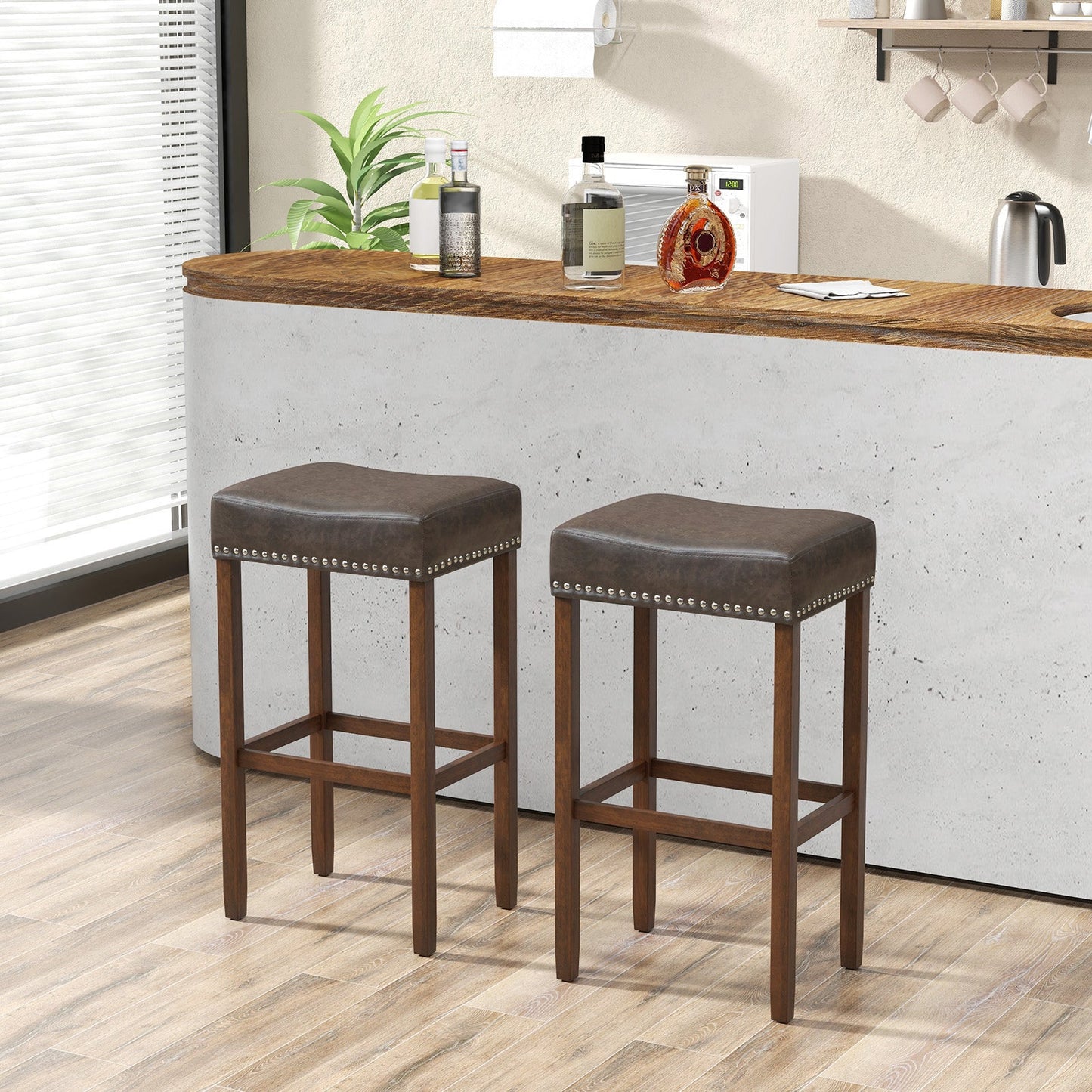 Bar Stool Set of 2 with PU Leather Upholstery Backless-Grey-74 cm