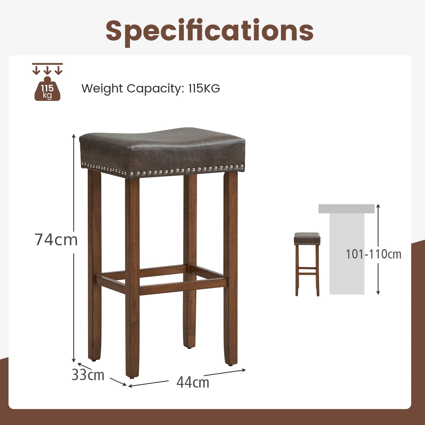 Bar Stool Set of 2 with PU Leather Upholstery Backless-Grey-74 cm