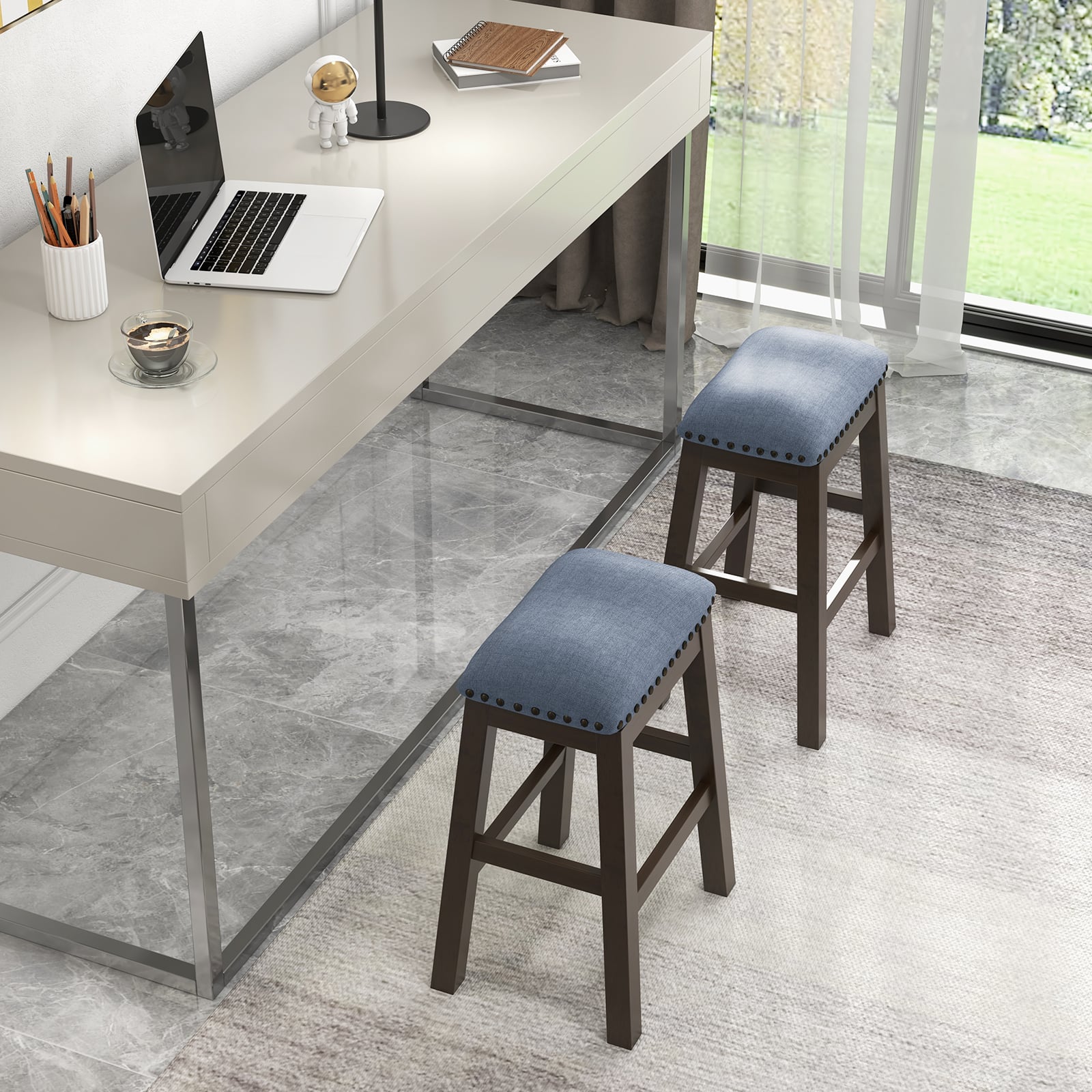 Bar Stool Set of 2 with Padded Seat and Rubber Wood Legs-Brown
