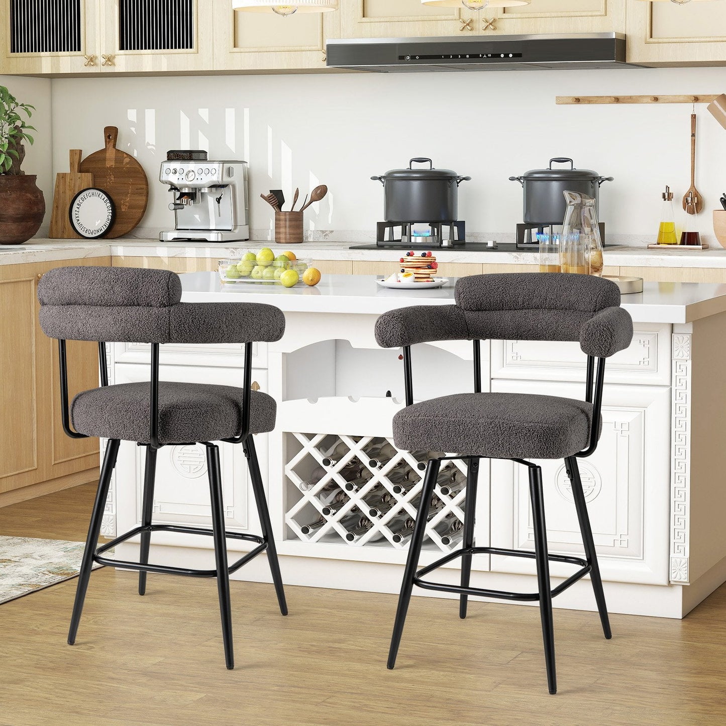Swivel Bar Stool Set of 2 Counter Height Chairs with Curved Back-Grey