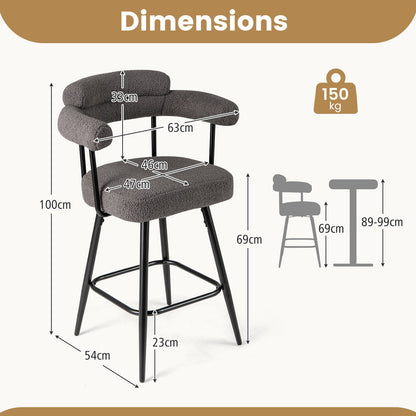 Swivel Bar Stool Set of 2 Counter Height Chairs with Curved Back-Grey