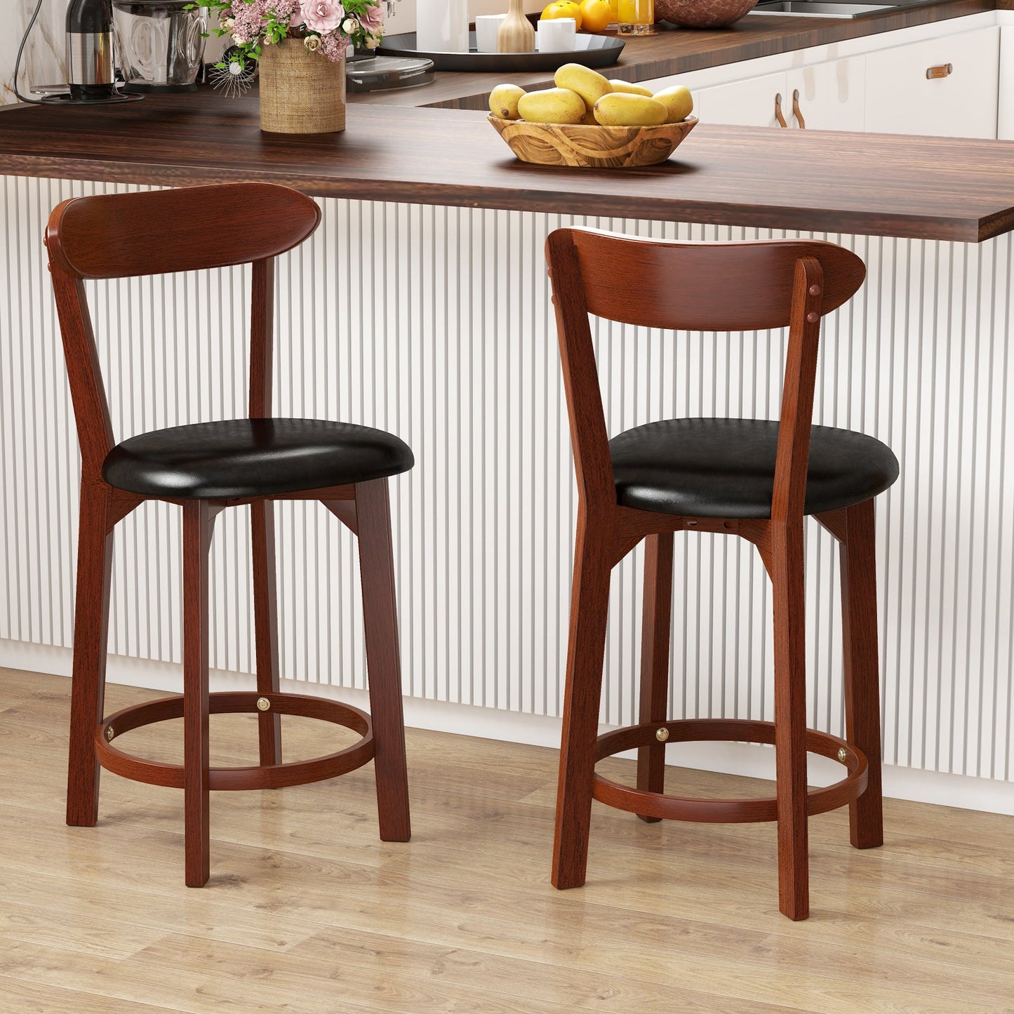 Bar Stool Set of 2 with Curved Backrest and Footrest-24 Inches