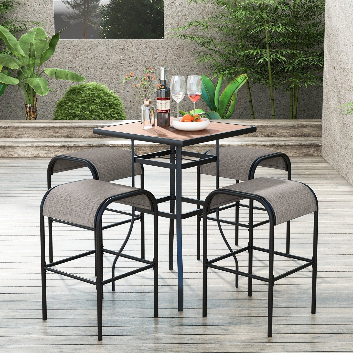 Metal Bar Height Bistro Stools Set of 2  with Curved Fabric Seat for Backyard Porch Poolside-Coffee