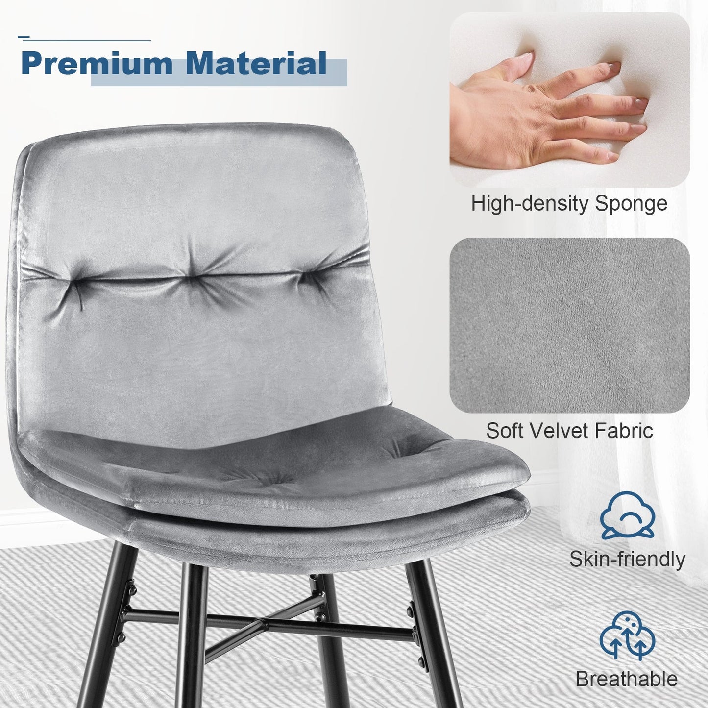 Bar Stools Set of 2 with Tufted Back, Metal Footrests and Legs-Grey