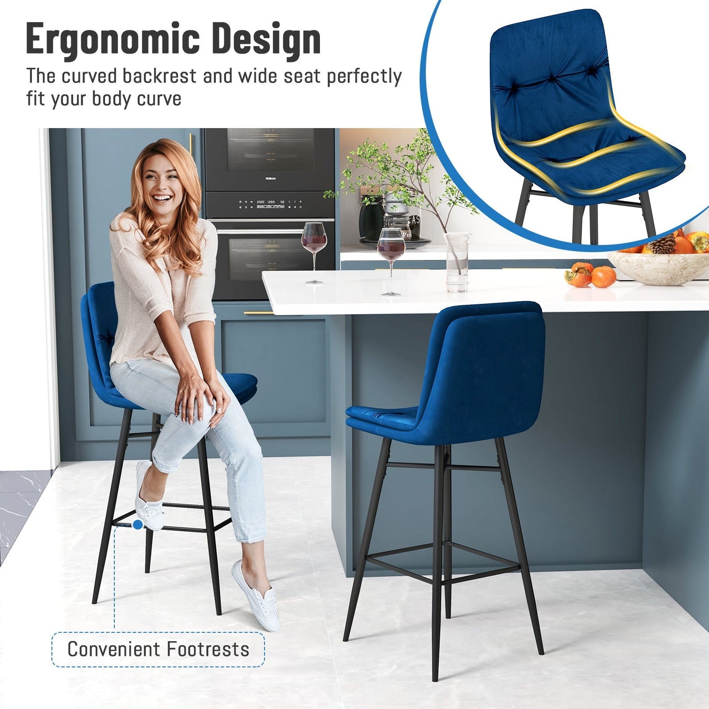 Bar Stools Set of 2 with Tufted Back, Metal Footrests and Legs-Blue