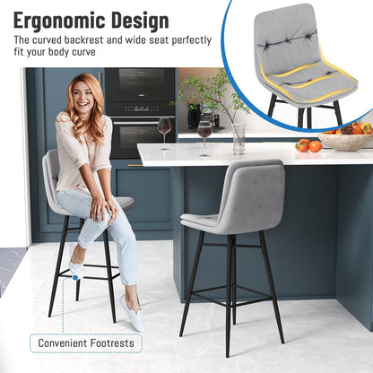 Bar Stools Set of 2 with Tufted Back, Metal Footrests and Legs-Grey