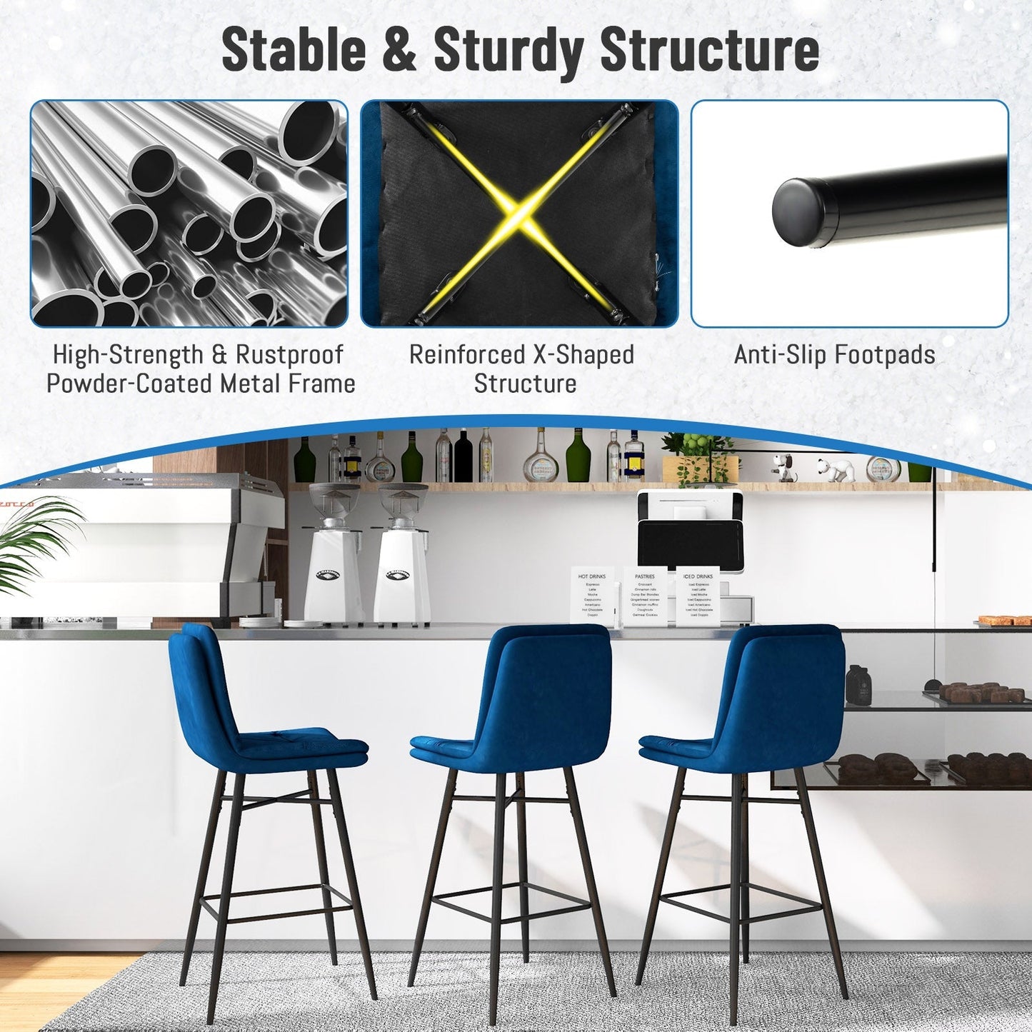 Bar Stools Set of 2 with Tufted Back, Metal Footrests and Legs-Blue