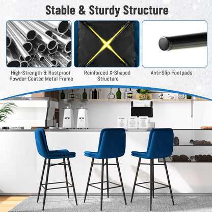 Bar Stools Set of 2 with Tufted Back, Metal Footrests and Legs-Blue