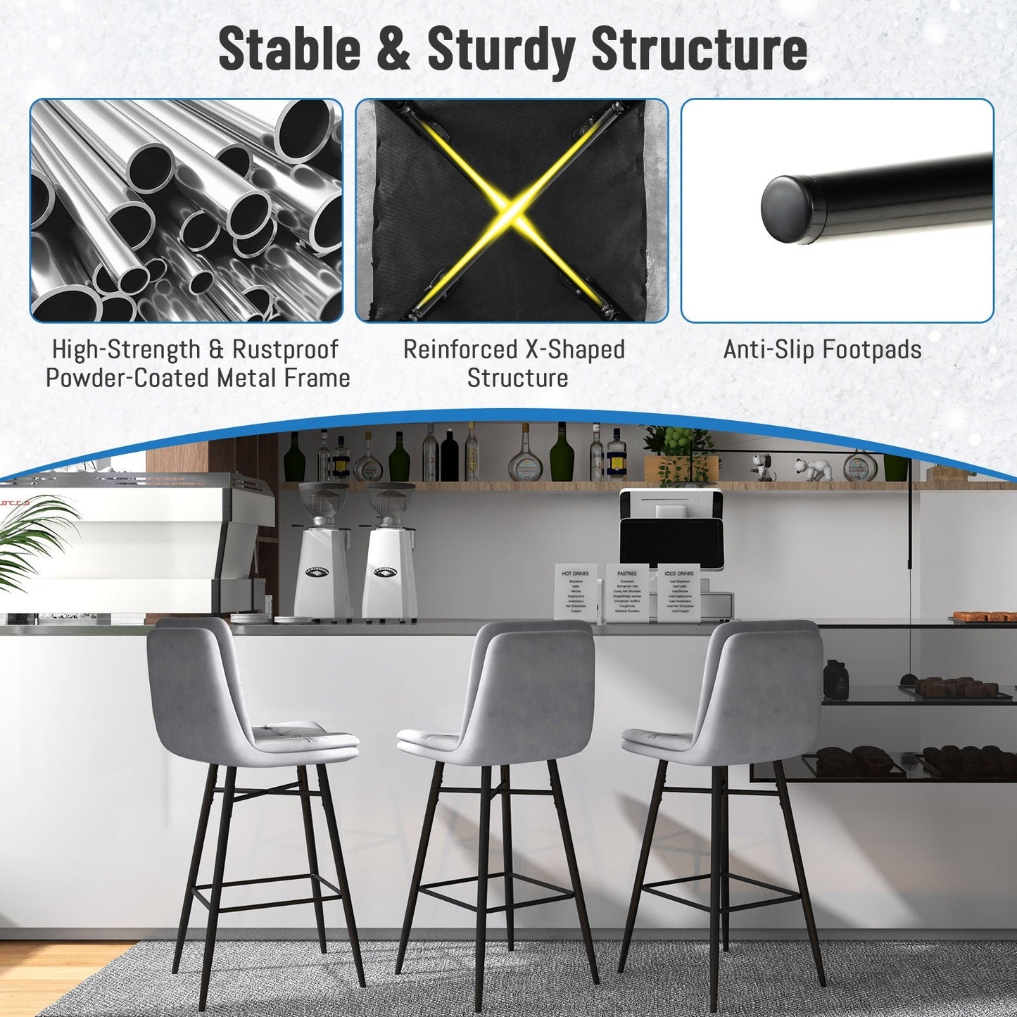 Bar Stools Set of 2 with Tufted Back, Metal Footrests and Legs-Grey