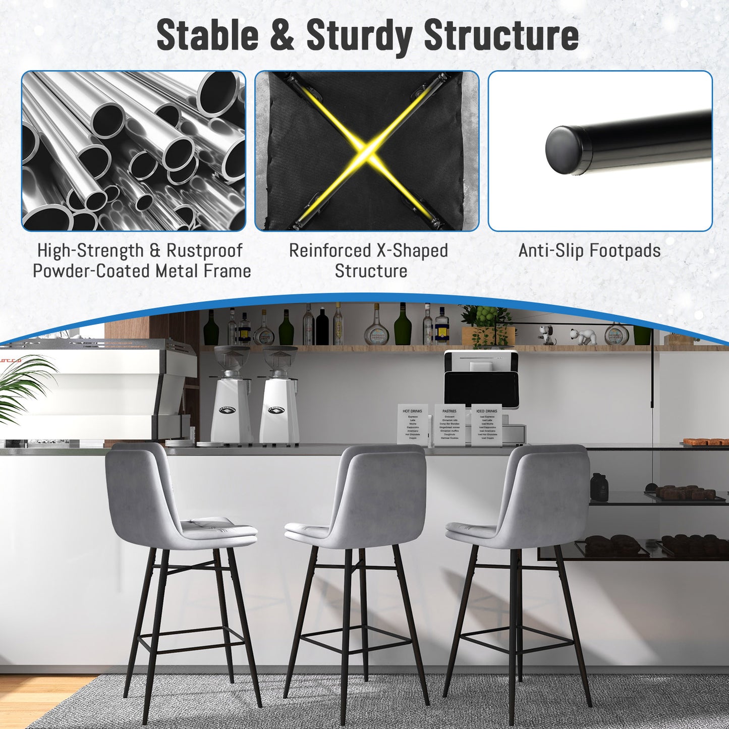 Bar Stools Set of 2 with Tufted Back, Metal Footrests and Legs-Grey