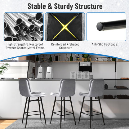 Bar Stools Set of 2 with Tufted Back, Metal Footrests and Legs-Grey