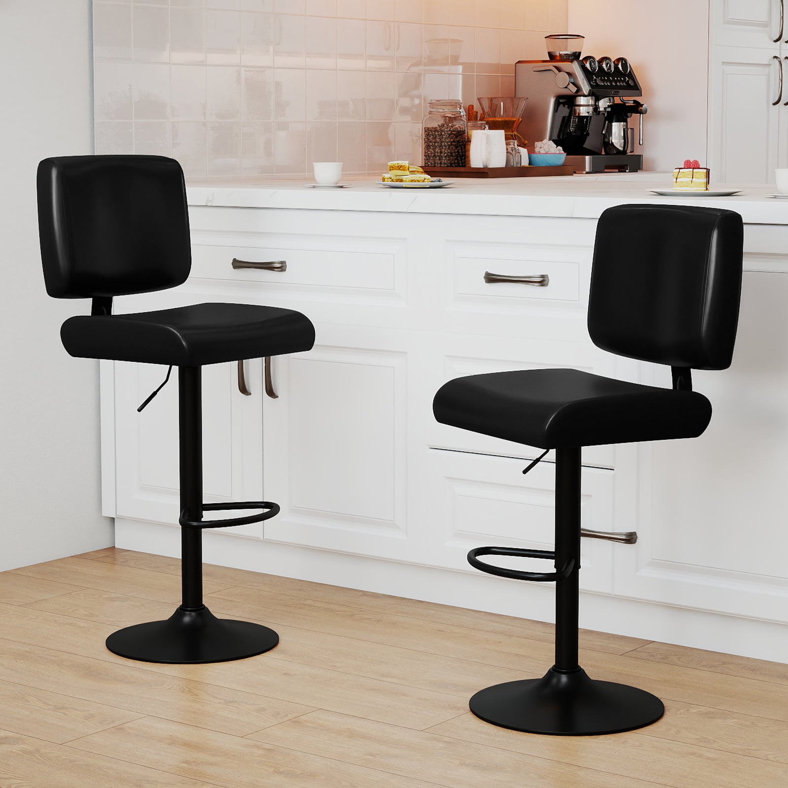 Bar Stools Set of 2 Modern Swivel Bar Chairs with Adjustable Height and PU Leather Padded Seat-Black