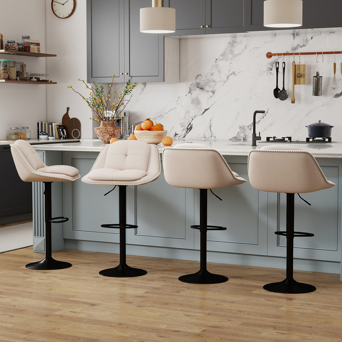 Bar Stools Set of 4 Modern Adjustable Chenille Upholstered Barstools-White