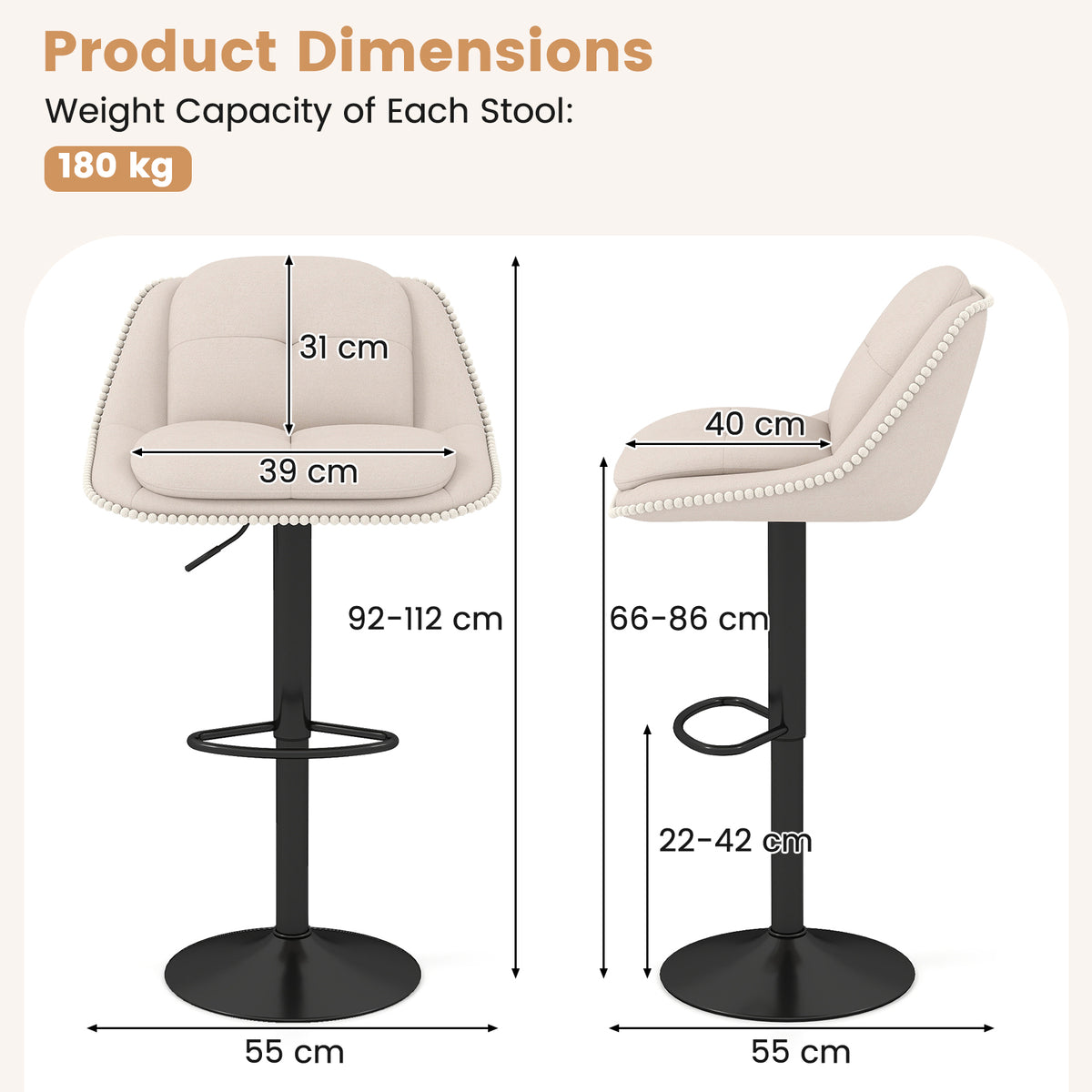 Bar Stools Set of 4 Modern Adjustable Chenille Upholstered Barstools-White
