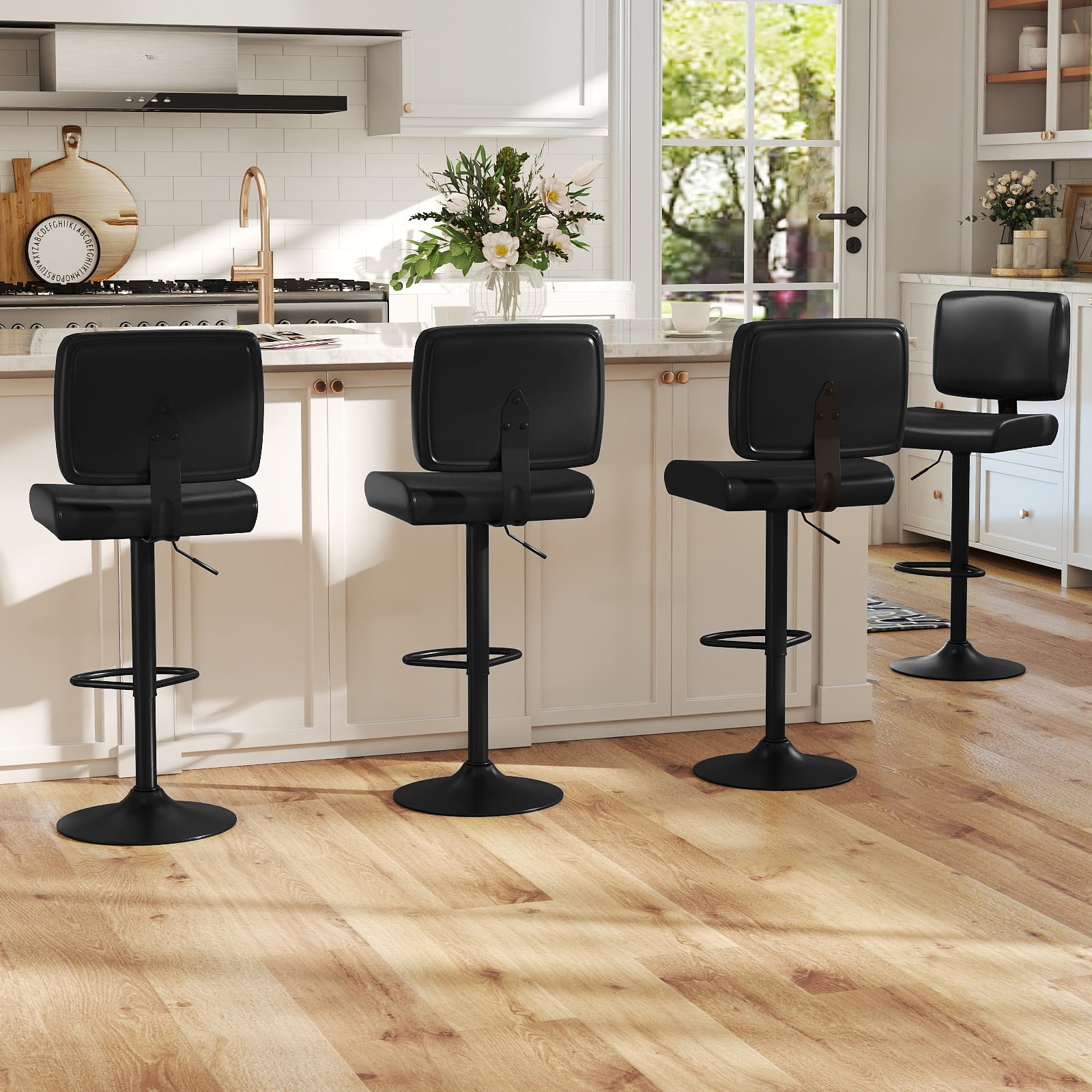 Bar Stools Set of 4 Modern Swivel Bar Chairs with Adjustable Height and PU Leather Padded Seat-Black