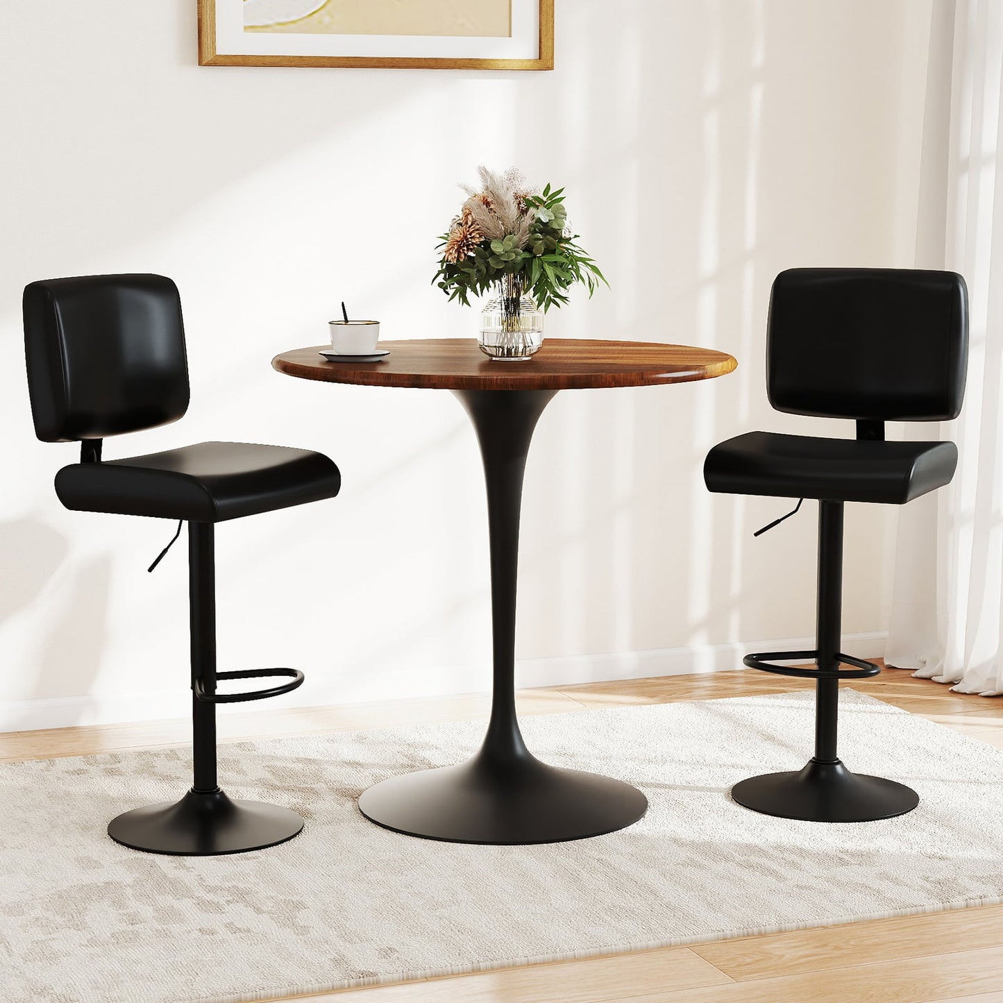 Bar Stools Set of 4 Modern Swivel Bar Chairs with Adjustable Height and PU Leather Padded Seat-Black