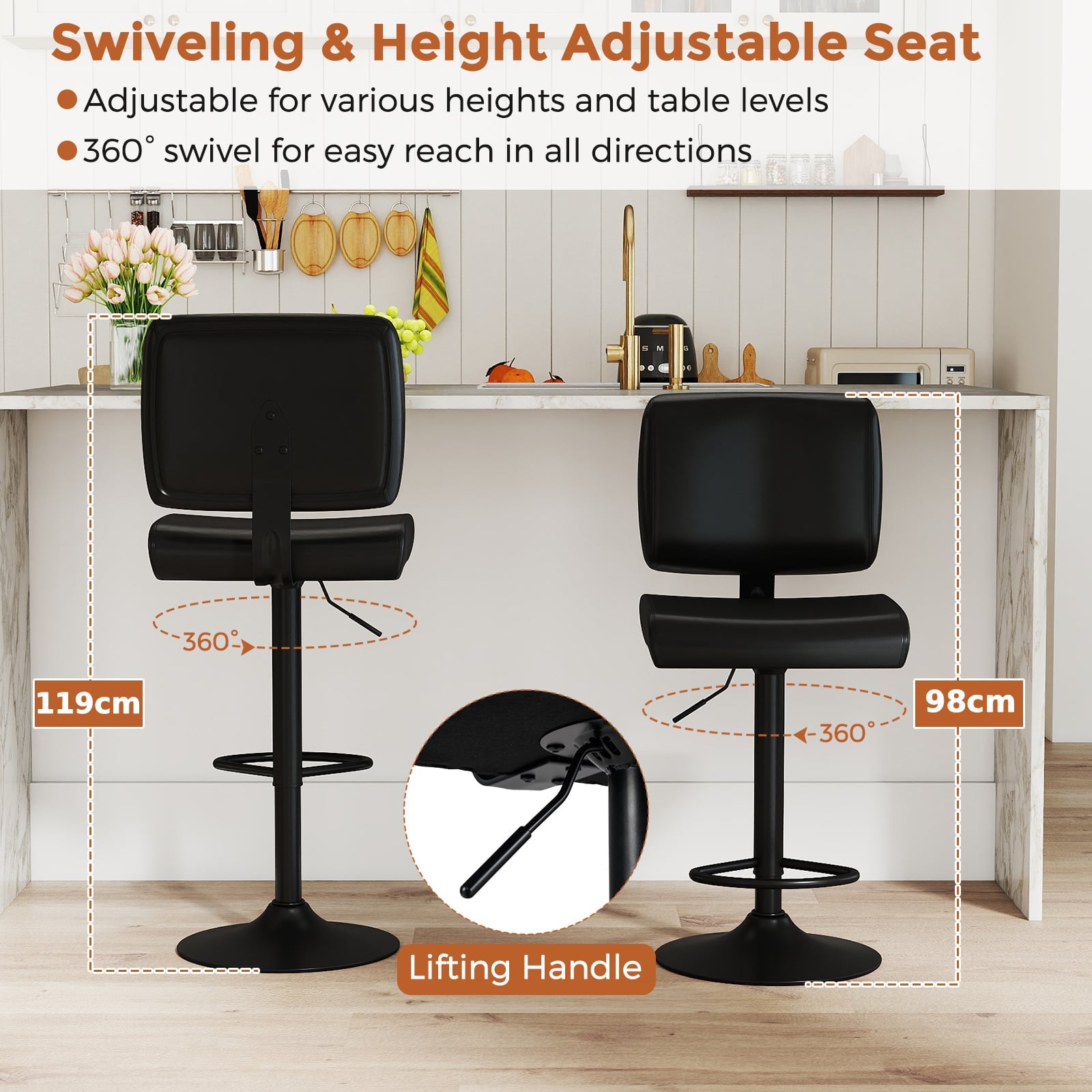 Bar Stools Set of 4 Modern Swivel Bar Chairs with Adjustable Height and PU Leather Padded Seat-Black