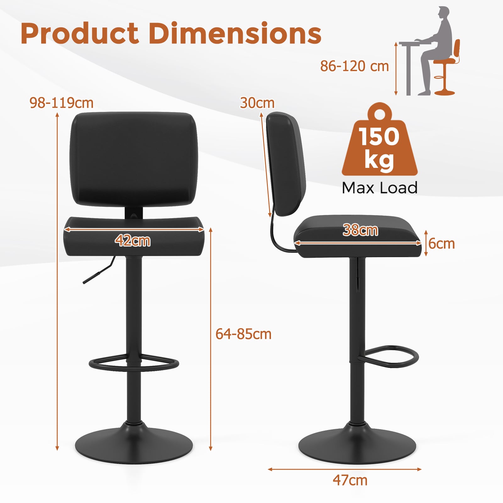 Bar Stools Set of 4 Modern Swivel Bar Chairs with Adjustable Height and PU Leather Padded Seat-Black