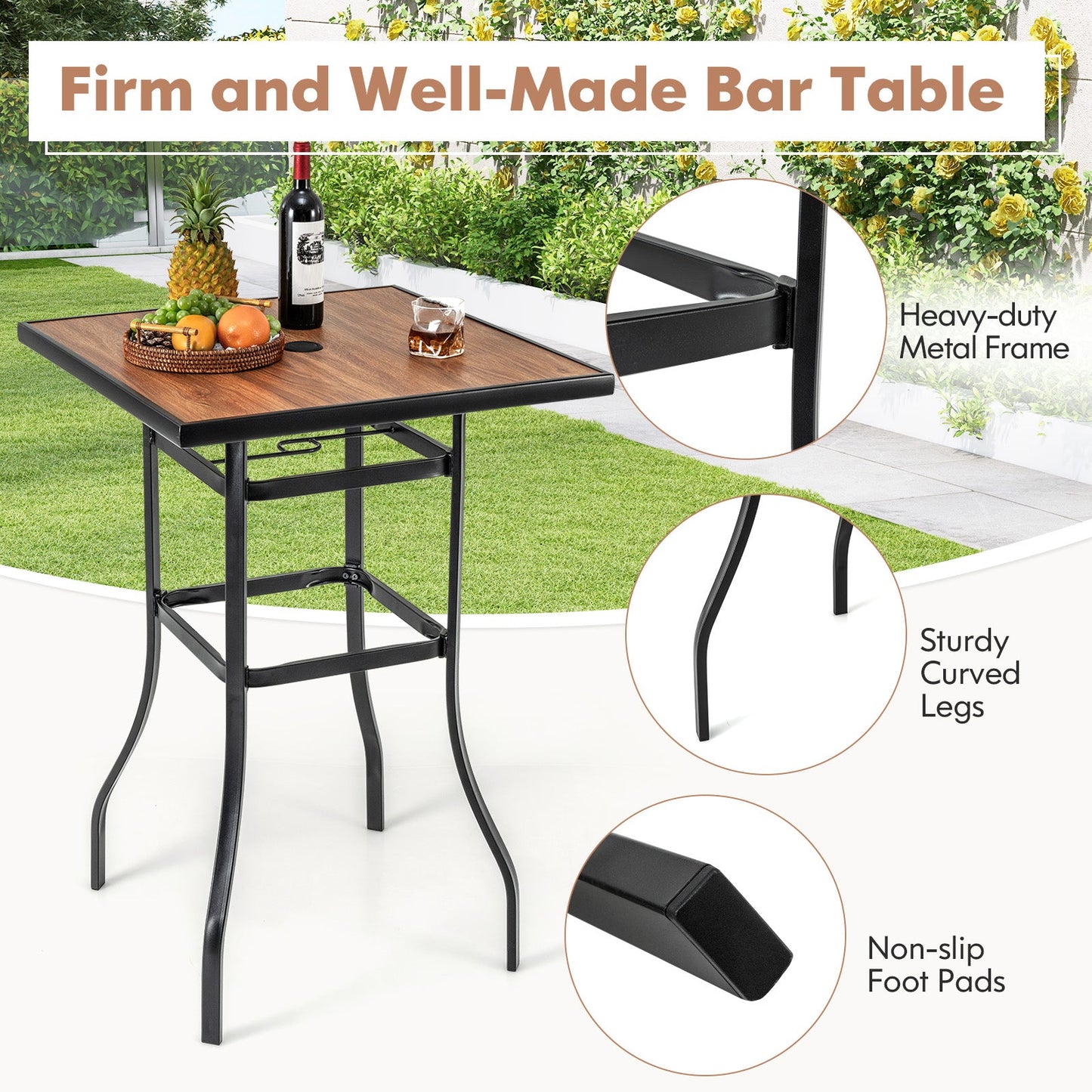 Outdoor Square Tabletop Bar Height Table for Garden Backyard Poolside