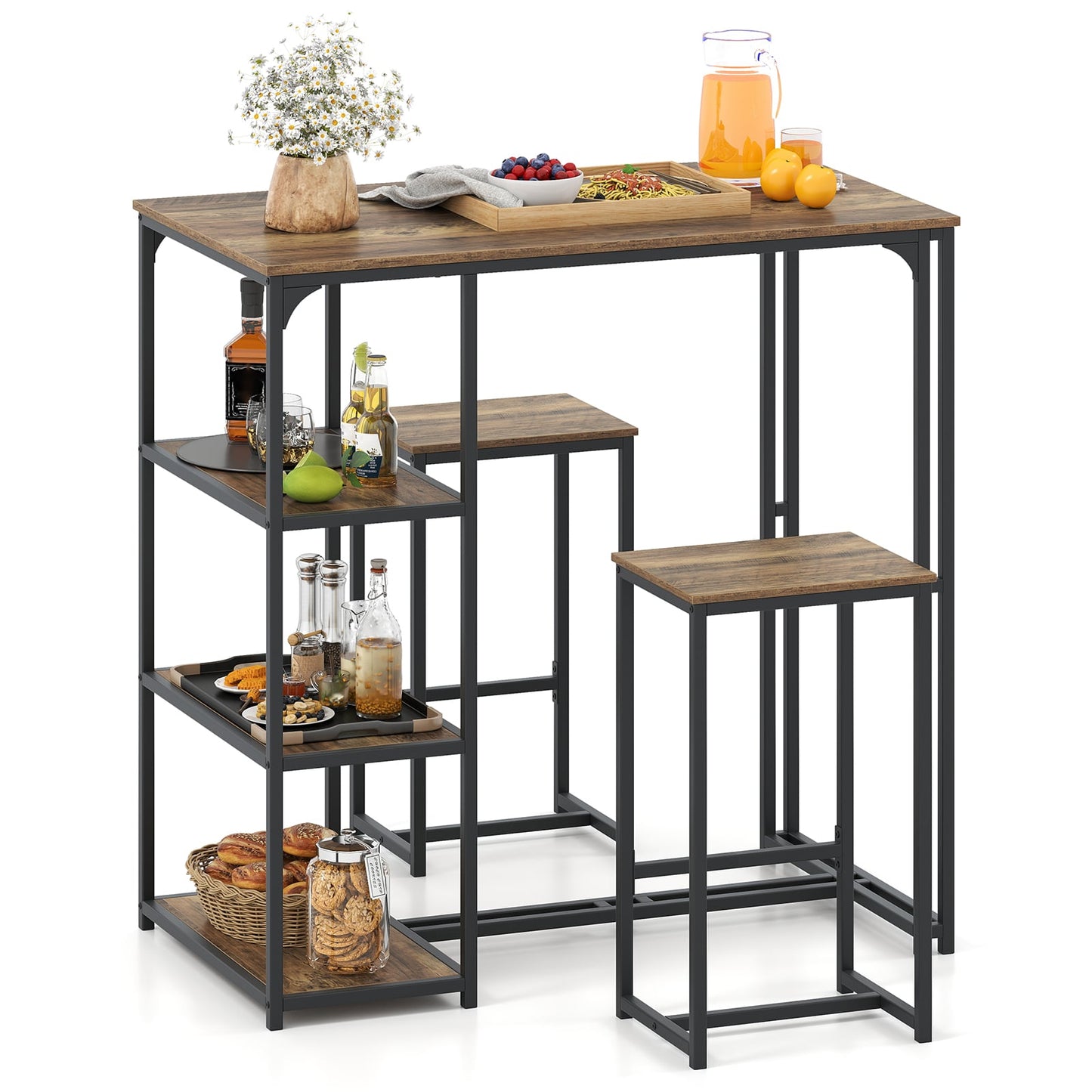 3-Piece Bar Table Set 2 Person Dining Furniture Set with 2 Stools-Brown