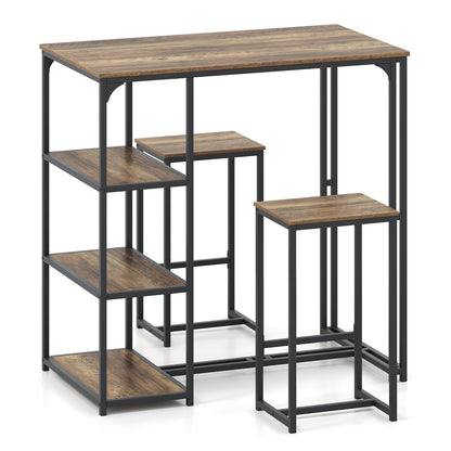 3-Piece Bar Table Set 2 Person Dining Furniture Set with 2 Stools-Brown