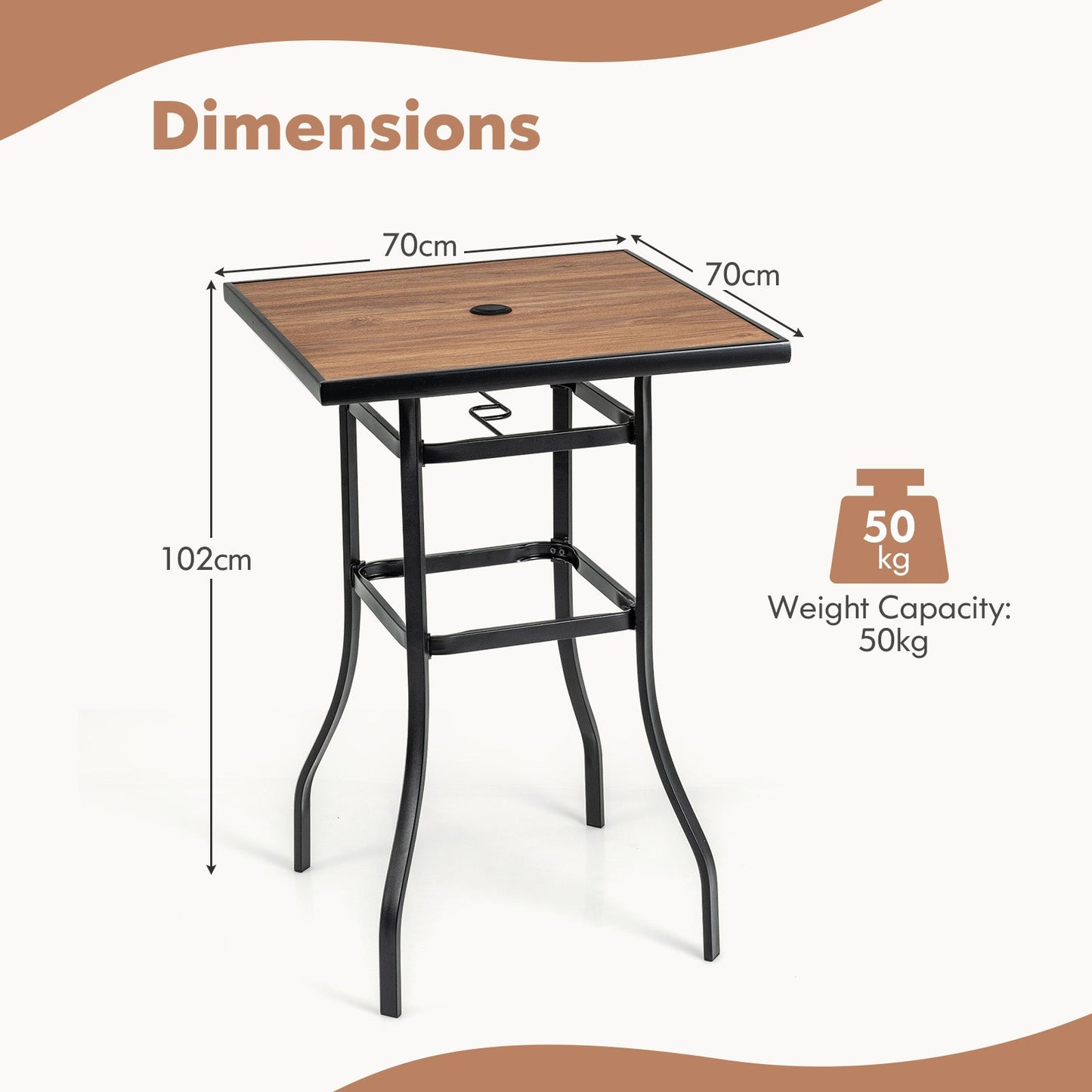 Outdoor Square Tabletop Bar Height Table for Garden Backyard Poolside