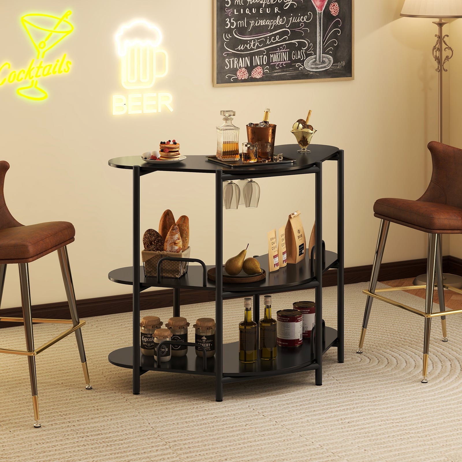 3-Tier Home Bar Unit with Stemware Racks and Storage Shelves-Black