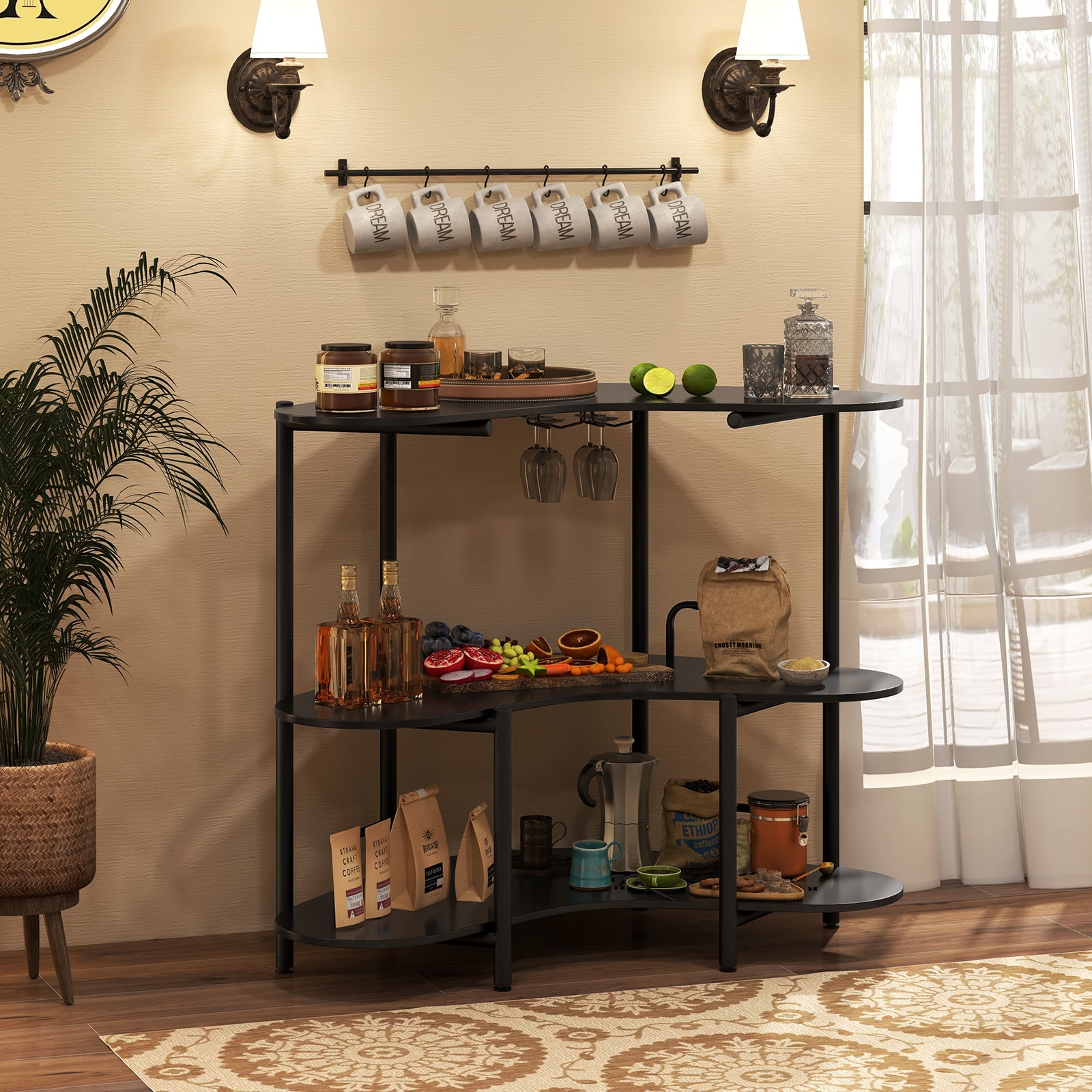 3-Tier Home Bar Unit with Stemware Racks and Storage Shelves-Black