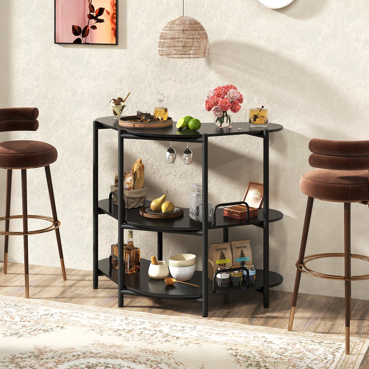 3-Tier Home Bar Unit with Stemware Racks and Storage Shelves-Black