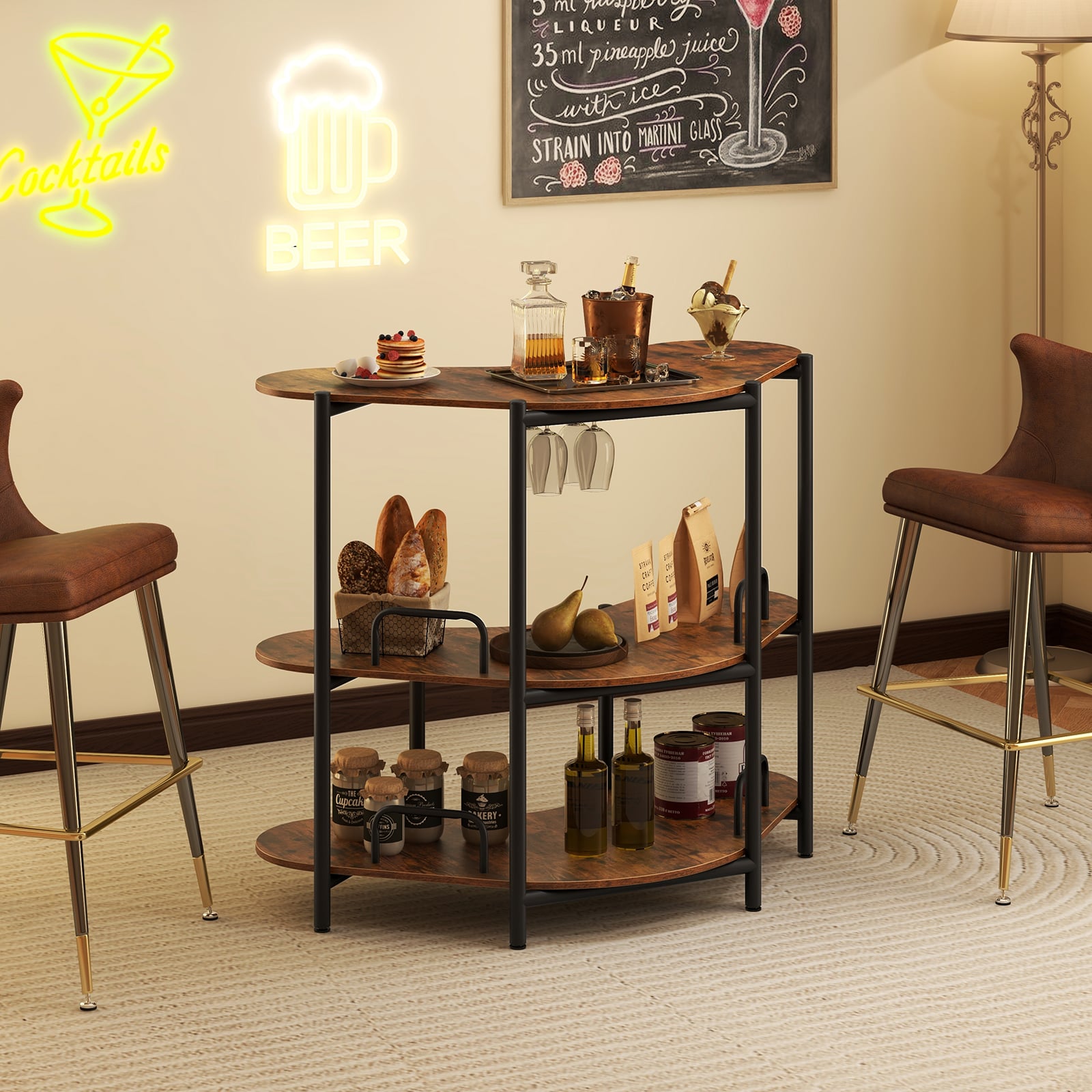 3-Tier Home Bar Unit with Stemware Racks and Storage Shelves-Rustic Brown