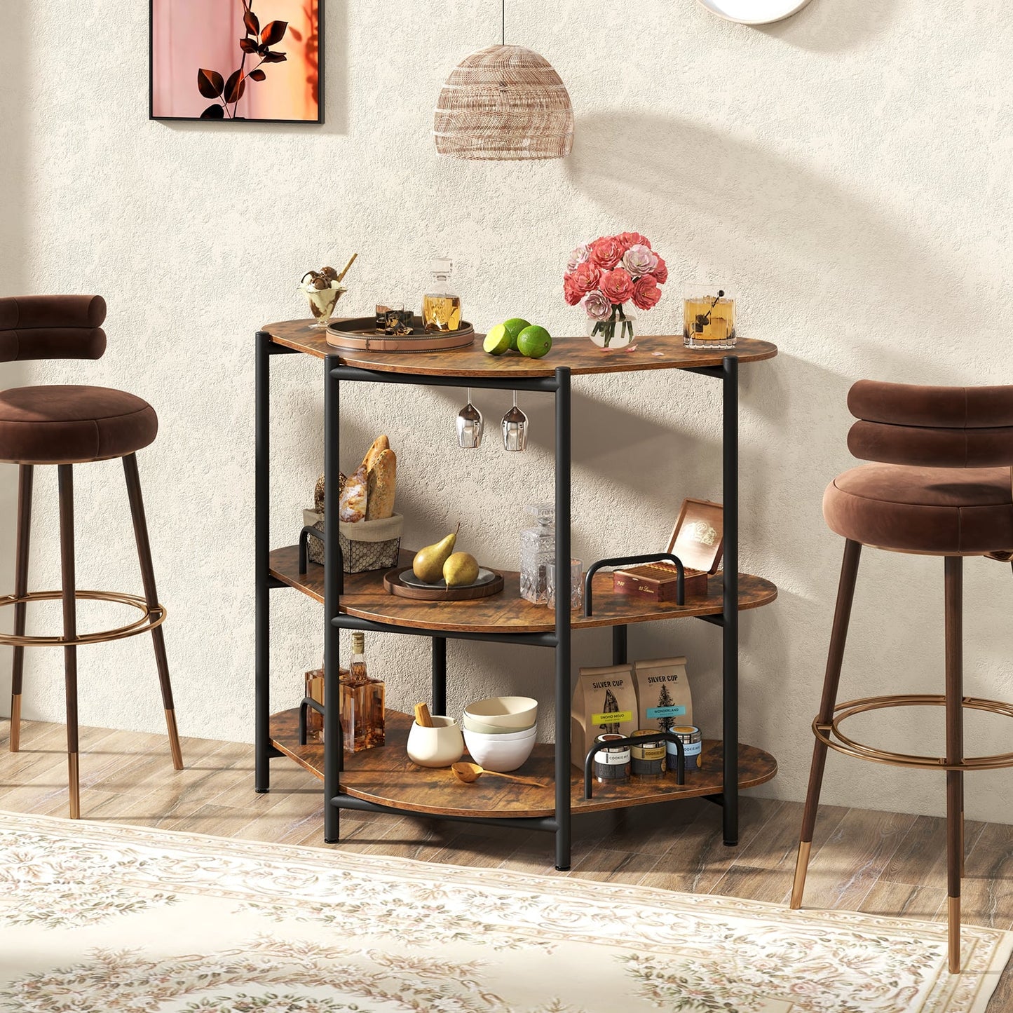 3-Tier Home Bar Unit with Stemware Racks and Storage Shelves-Rustic Brown