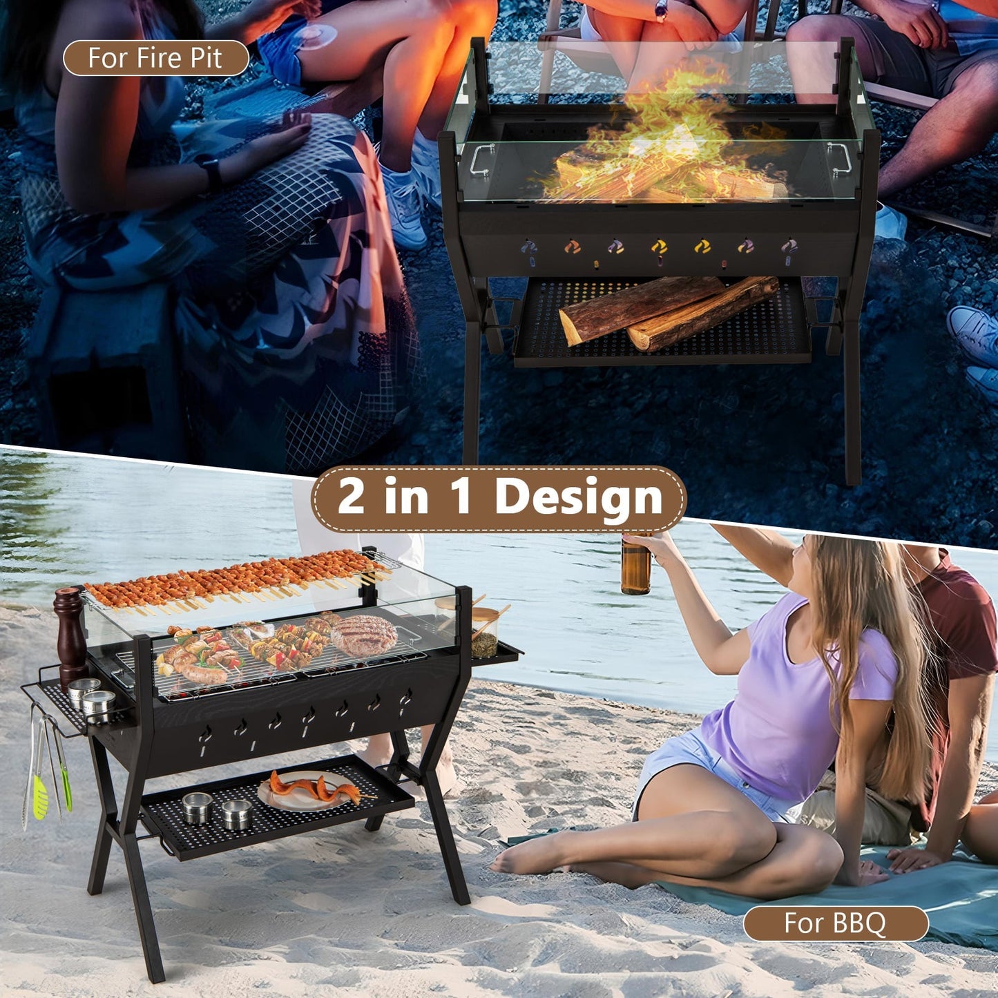 Barbecue Charcoal Grills with Wind Guard and Seasoning Racks-Black