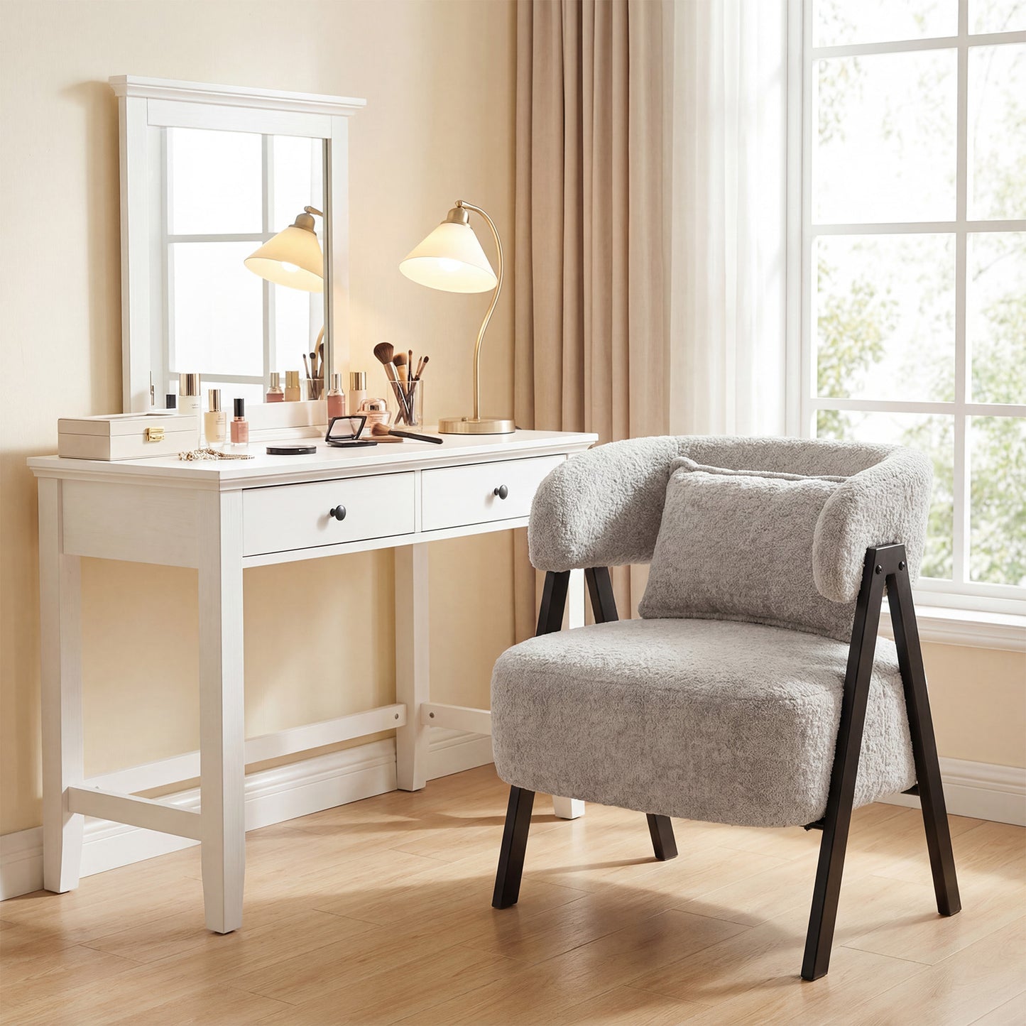 Barrel Accent Chair Upholstered Armchair with Lumbar Pillow-Grey