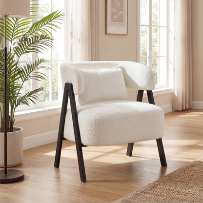 Barrel Accent Chair Upholstered Armchair with Lumbar Pillow-White