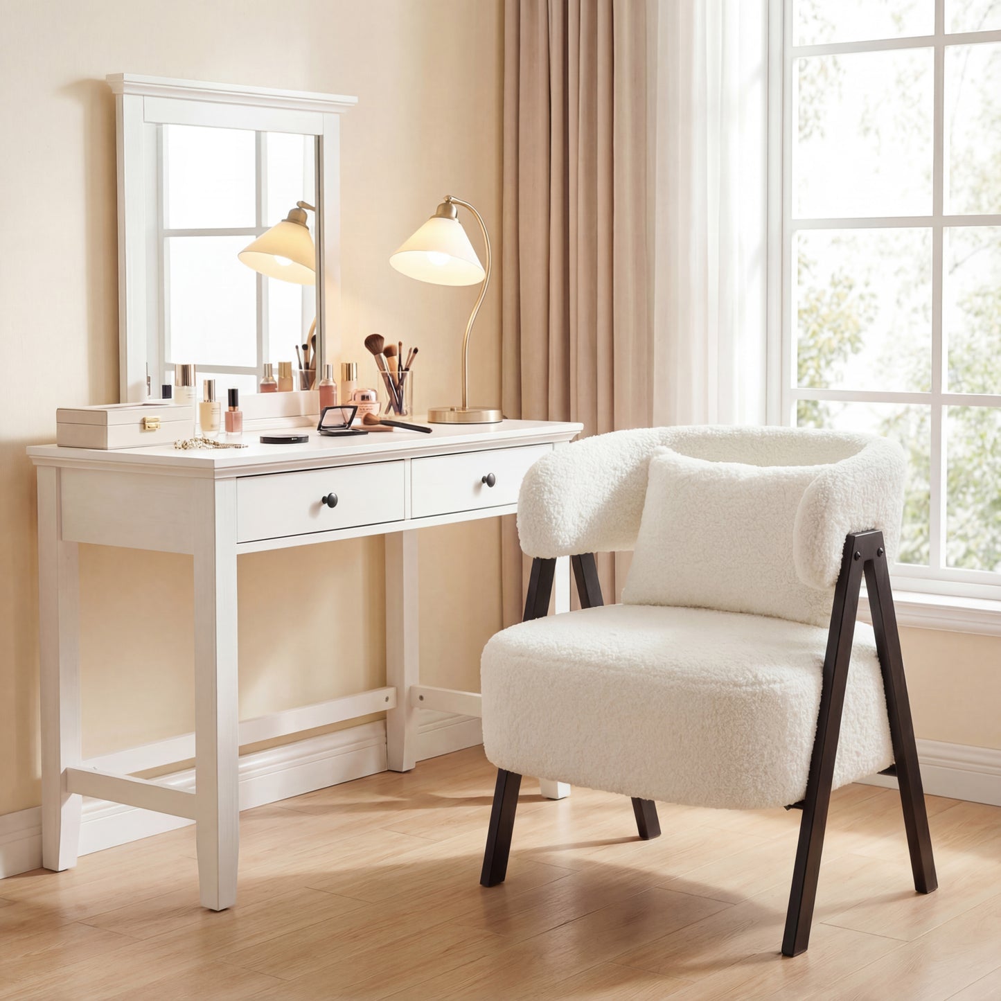 Barrel Accent Chair Upholstered Armchair with Lumbar Pillow-White