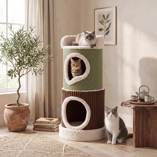 Barrel Cat House with Top Perch & Double Condos and Comfy Mats for Indoor-Green