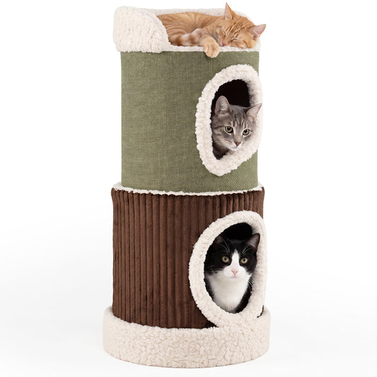Barrel Cat House with Top Perch & Double Condos and Comfy Mats for Indoor-Green